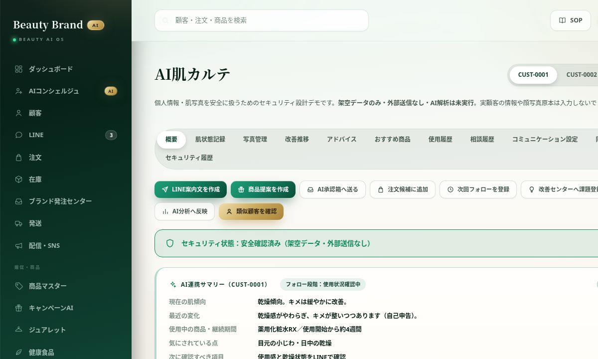 ダミーデータを使用したAI肌カルテ画面