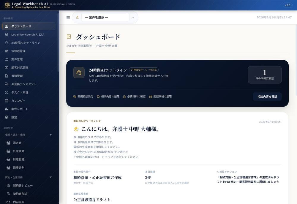 Legal Workbench AIのダッシュボード画面